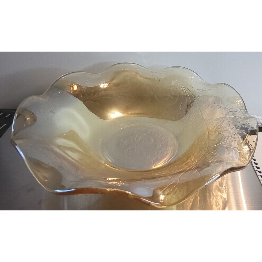 Vintage Floragold Louisa Iridescent Marigold Ruffled Bowl Jeanette Glass - 9.5”